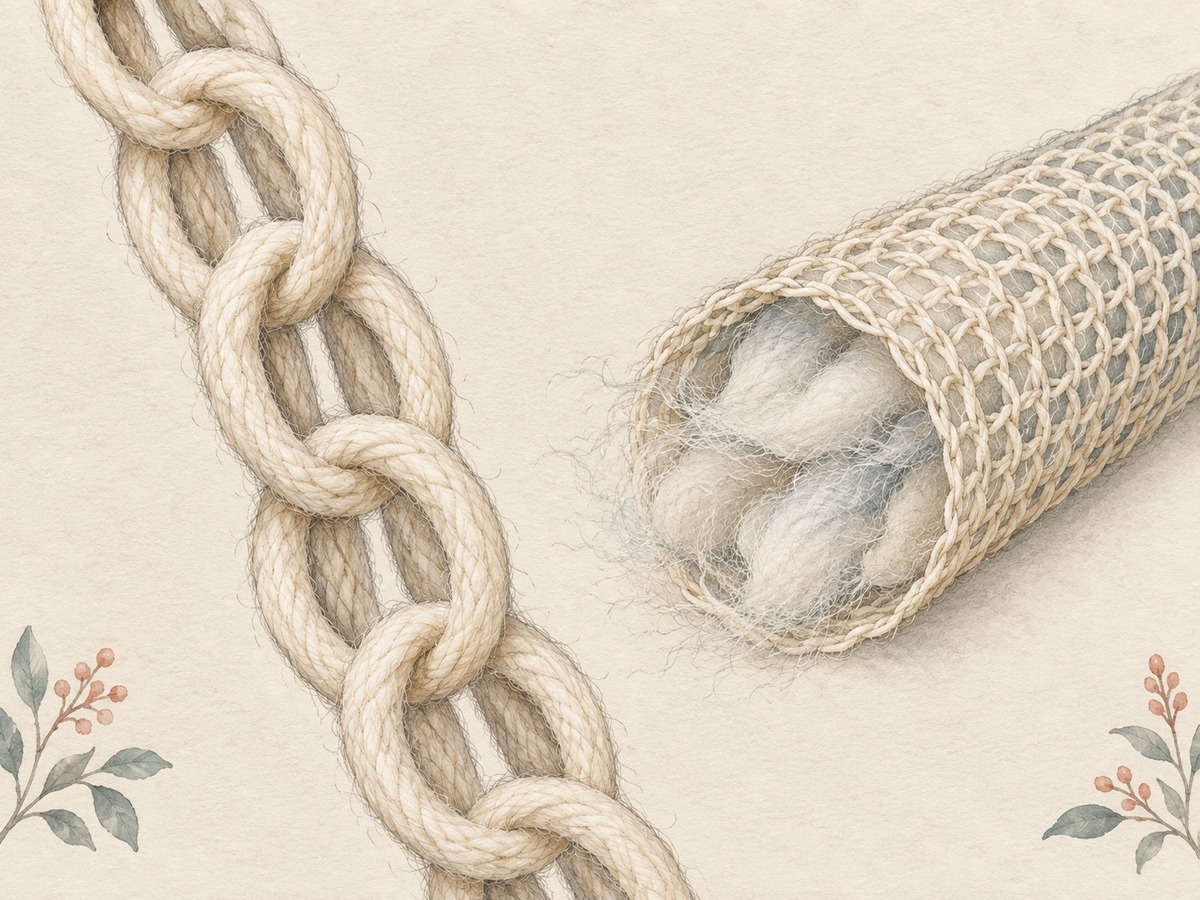 Illustration: Magnified chainette loop structure and a separate cutaway of a fine mesh tube filled with airy fibers.