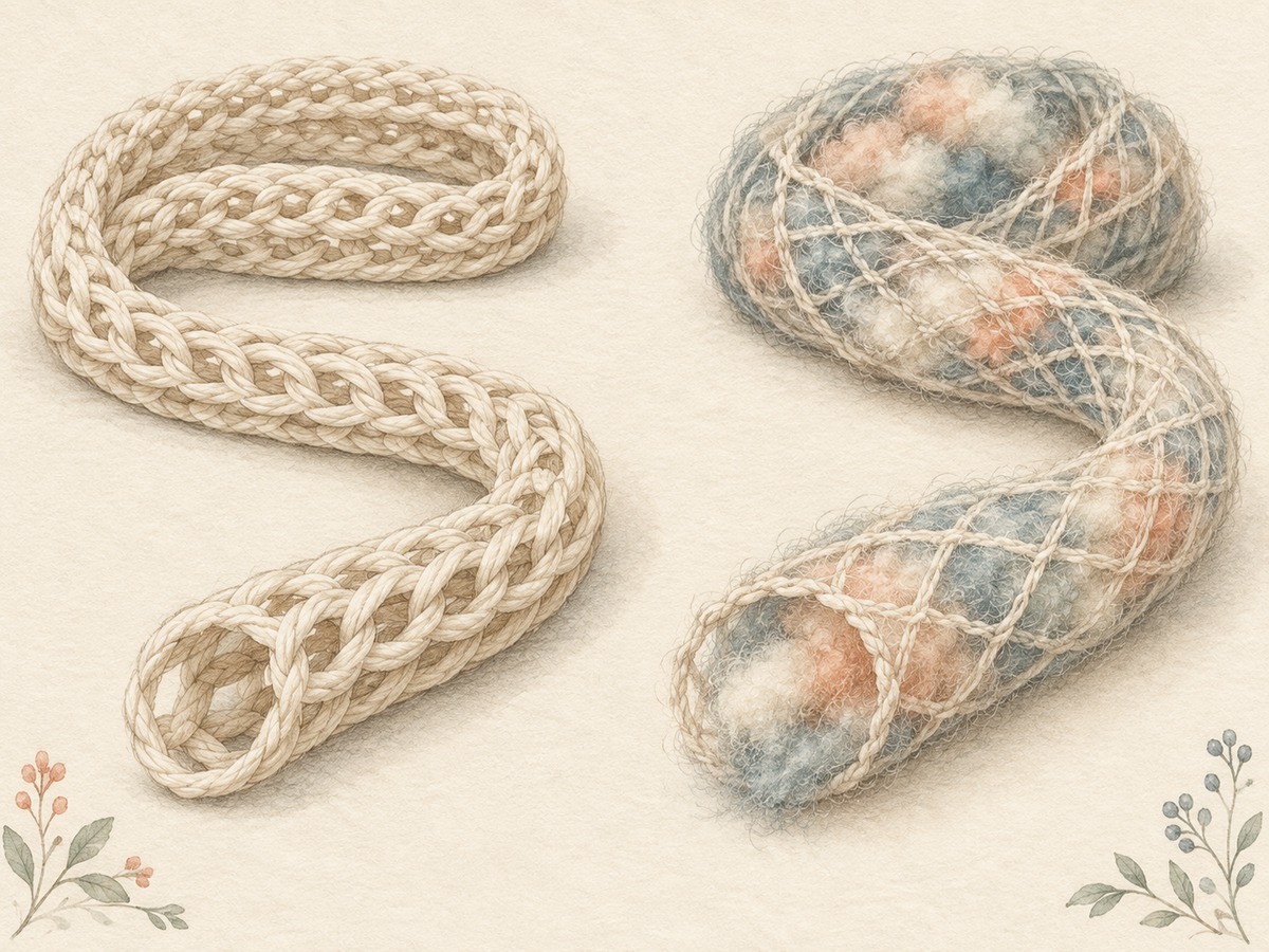 Illustration: A cream chainette yarn with a clearly hollow knitted chain structure beside a soft blown yarn whose fiber filling is visible in its open mesh tube.