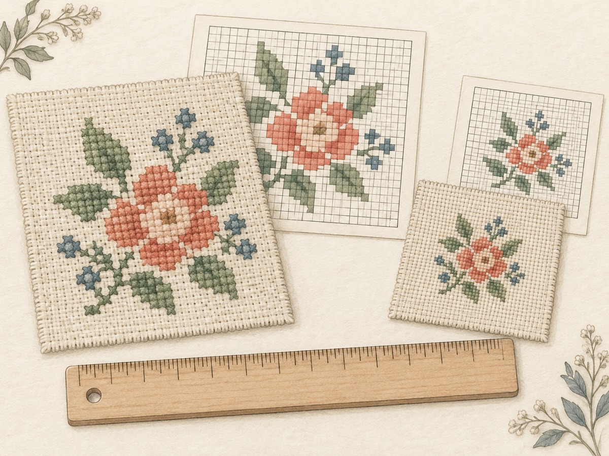 Illustration: A counted motif sample beside an unlettered matching grid and a ruler, with a second finer-count sample demonstrating a smaller physical design.