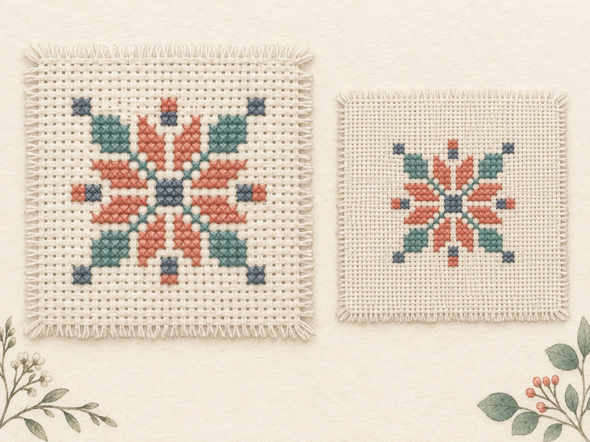 Illustration: The same simple geometric cross-stitch motif worked on two different fabric counts, visibly changing physical size while preserving its motif proportions.