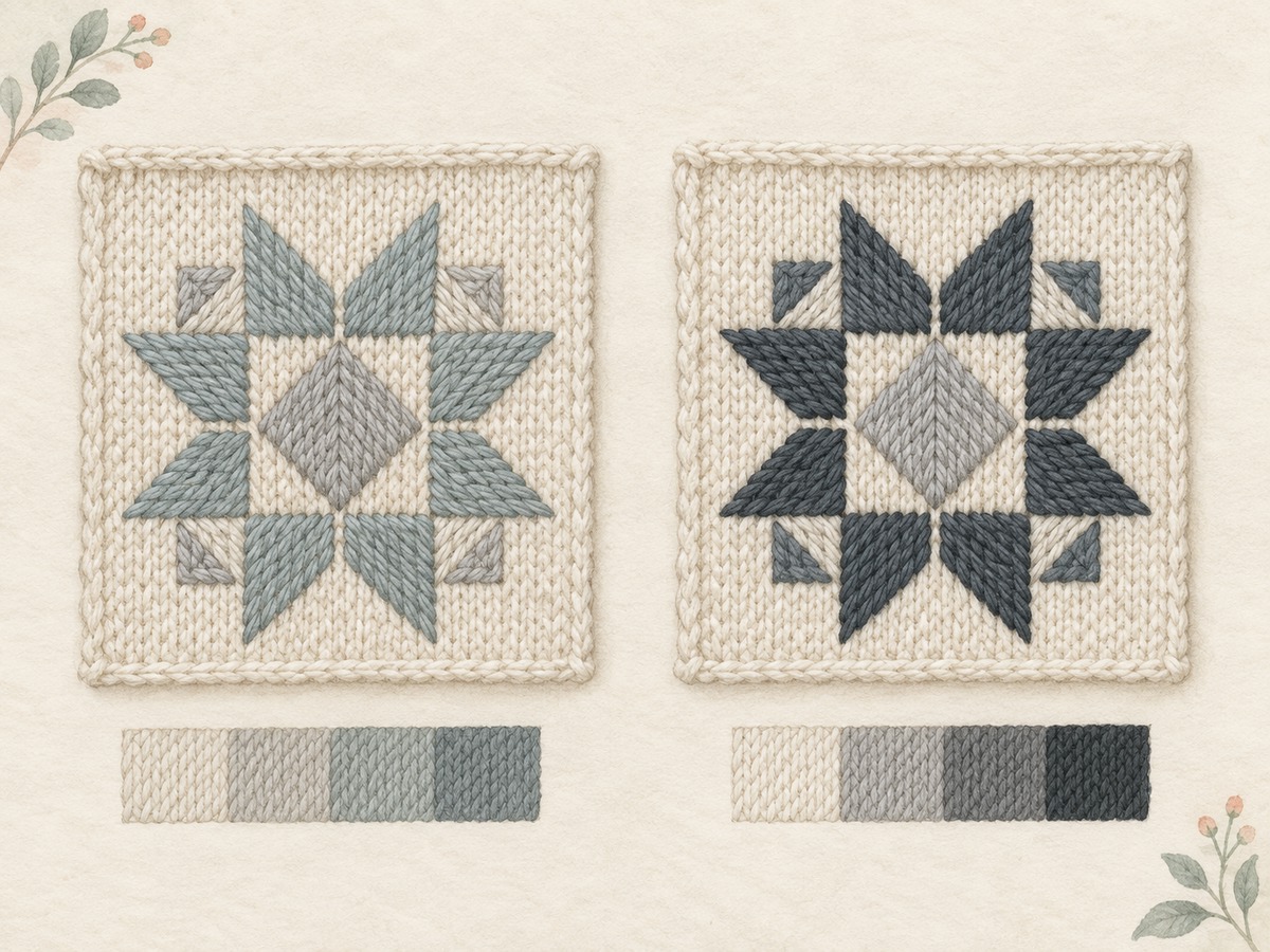 Illustration: Two small geometric stitched motifs using the same shapes: one has weak value contrast and the other clear light-dark contrast; tiny grayscale sample chips support the comparison.