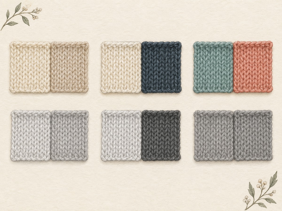 Illustration: Three pairs of textile color chips: two similar pale tones, pale beside dark slate, and two different hues of similar lightness; equivalent grayscale chips below.