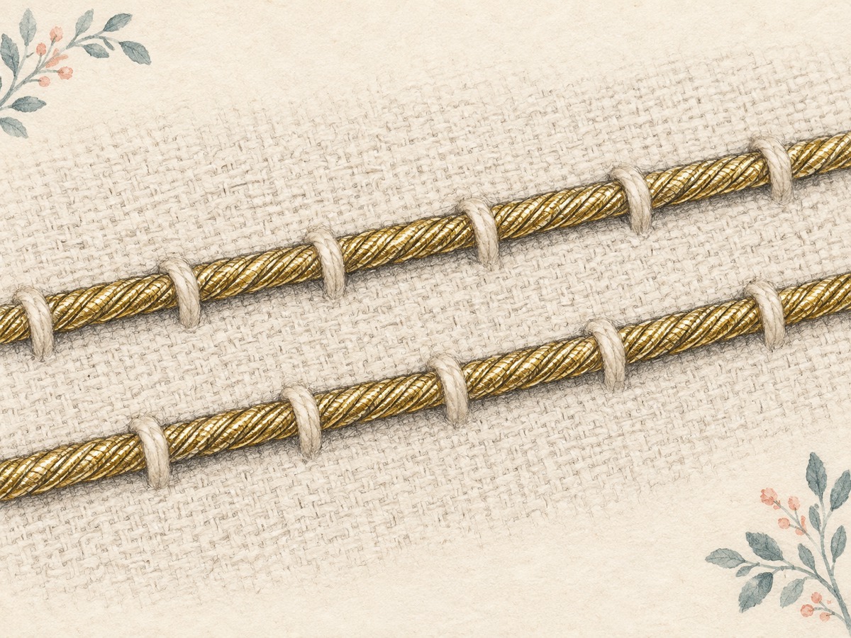 Illustration: Close view of two parallel laid metallic threads attached to the fabric with small perpendicular couching stitches; the thick thread stays on the surface.