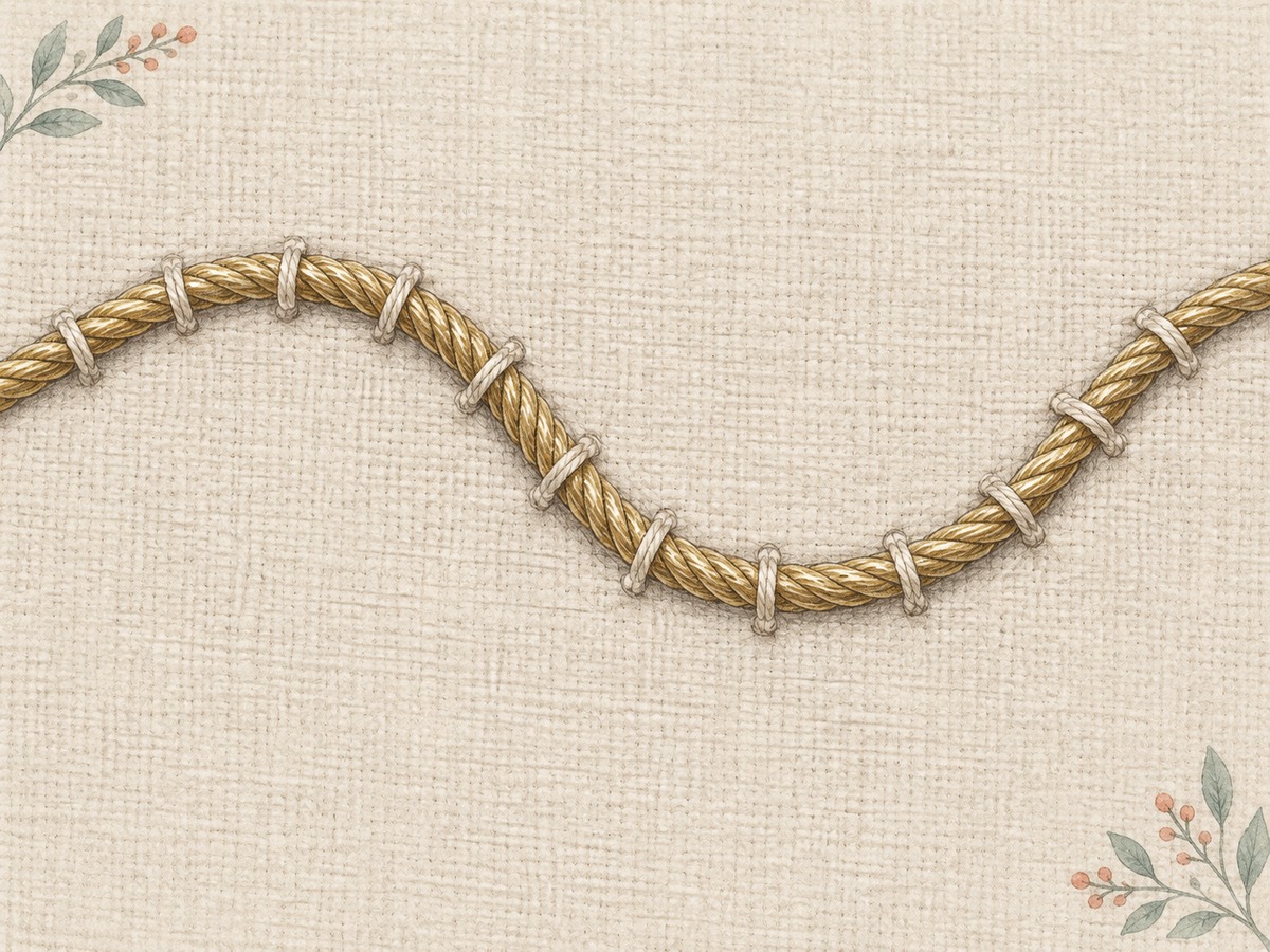 Illustration: A thick muted-gold thread laid in a smooth curve on linen and secured with small regularly spaced fine couching stitches.