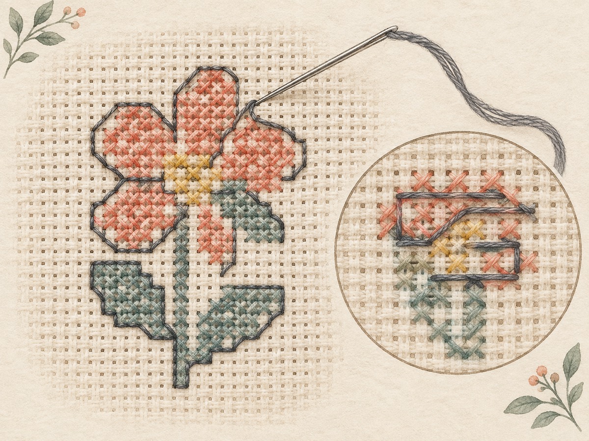 Illustration: Close view of an outlined cross-stitch motif on evenweave with the outline anchored at visible fabric holes and reverse travel kept within nearby stitched areas.