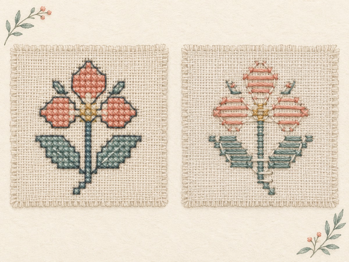 Illustration: Front and reverse views of a counted motif with an outlining backstitch route and short tidy reverse-side travel paths.