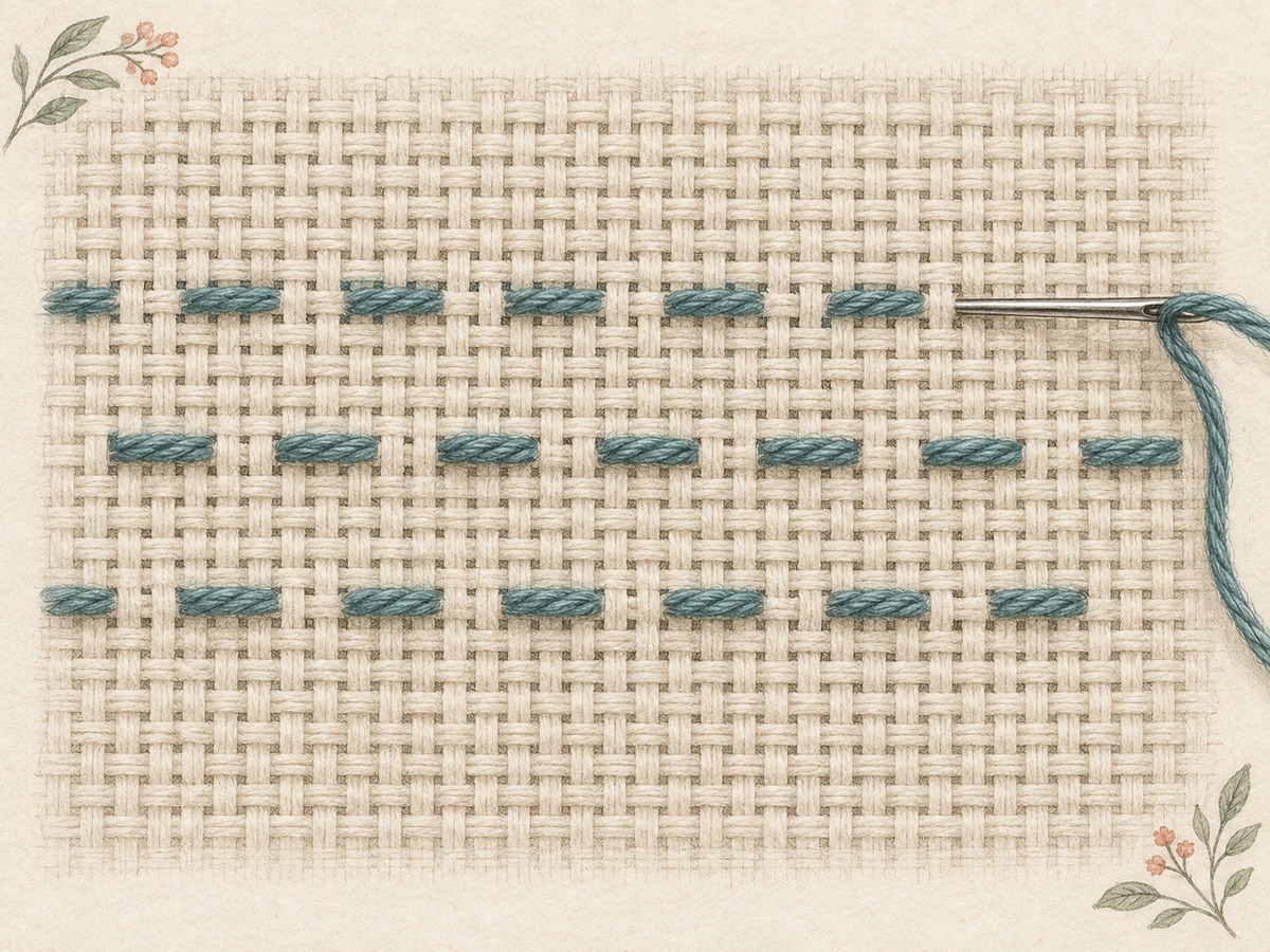 Illustration: Close view of horizontal counted running stitches passing over and under consistent groups of fabric threads, with an intact evenweave ground.