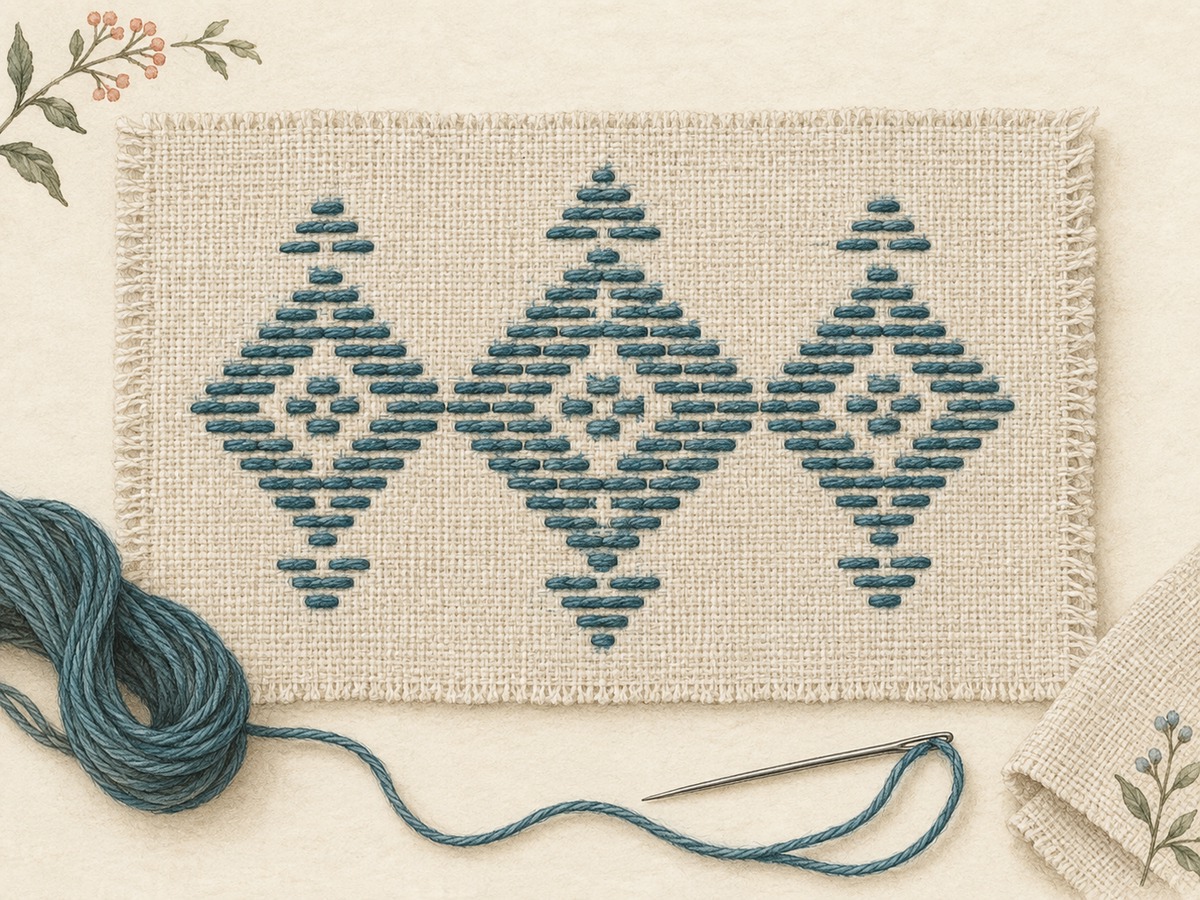 Illustration: A counted darning and kogin-inspired sampler with regular horizontal running stitches forming bold geometric diamonds.