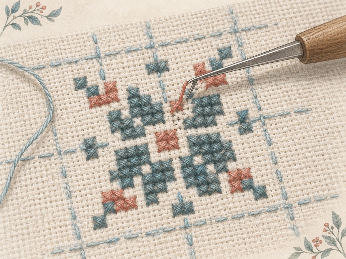 Illustration: Close view of a small miscount checked against a removable fabric grid, with the incorrect isolated stitch lifted carefully and adjacent stitches intact.