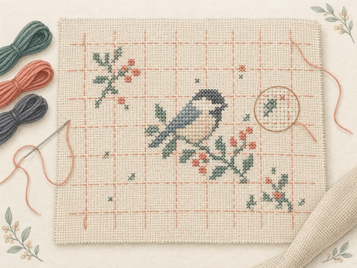 Illustration: An evenweave cross-stitch project with a loose removable basting grid, a few scattered color islands and a marked counting reference.