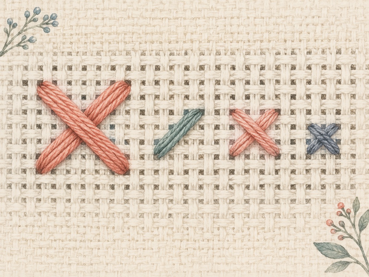 Illustration: Close view of regular cross stitches beside smaller fractional and petite stitches on evenweave, with the underlying fabric intervals visible.