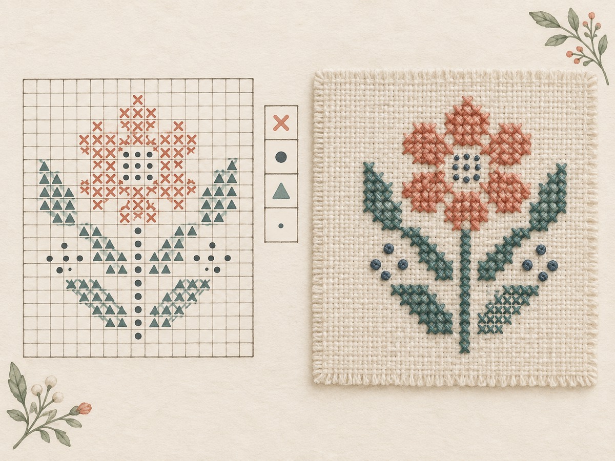 Illustration: A simple unlettered symbol chart with crosses, dots and triangles beside a matching counted motif, including clearly smaller petite stitches in one small area.
