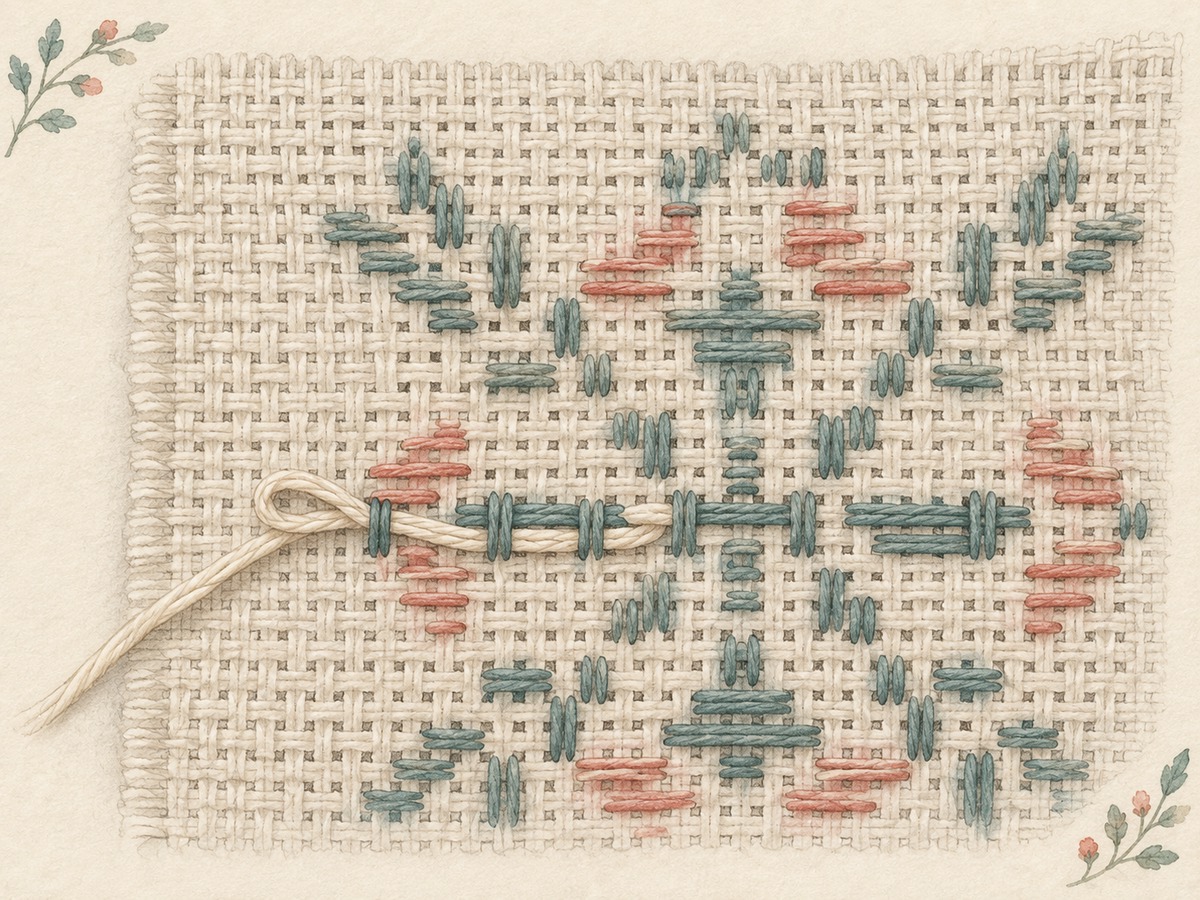 Illustration: Reverse view of counted embroidery with a neatly secured starting loop and a short thread end woven beneath existing stitches, without bulky knots.