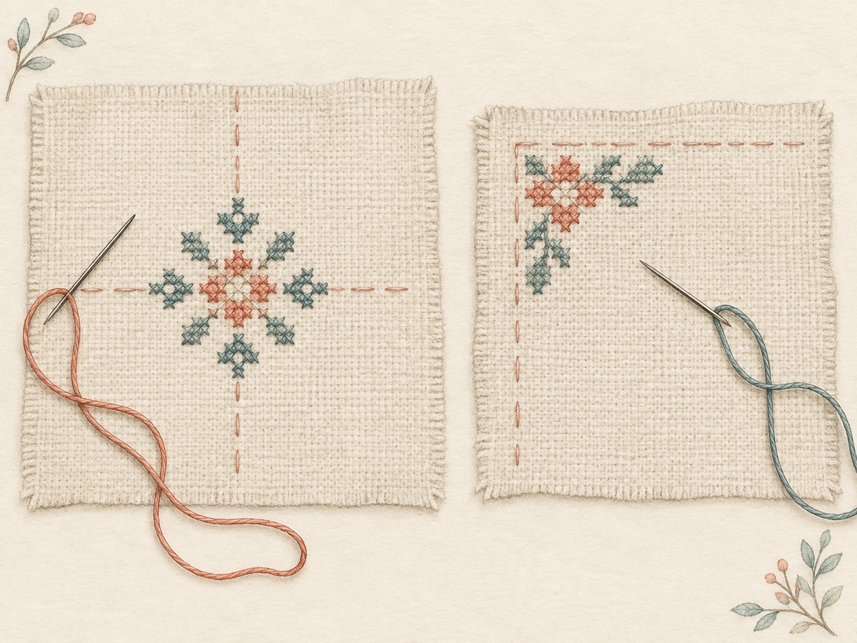 Illustration: A small counted motif started from a lightly basted center cross, beside a second sample started near a marked corner.