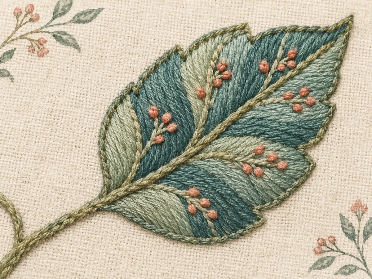 Illustration: Close view of soft wool satin, stem and seed stitches combining in a crewel leaf, with the firm linen ground remaining flat.