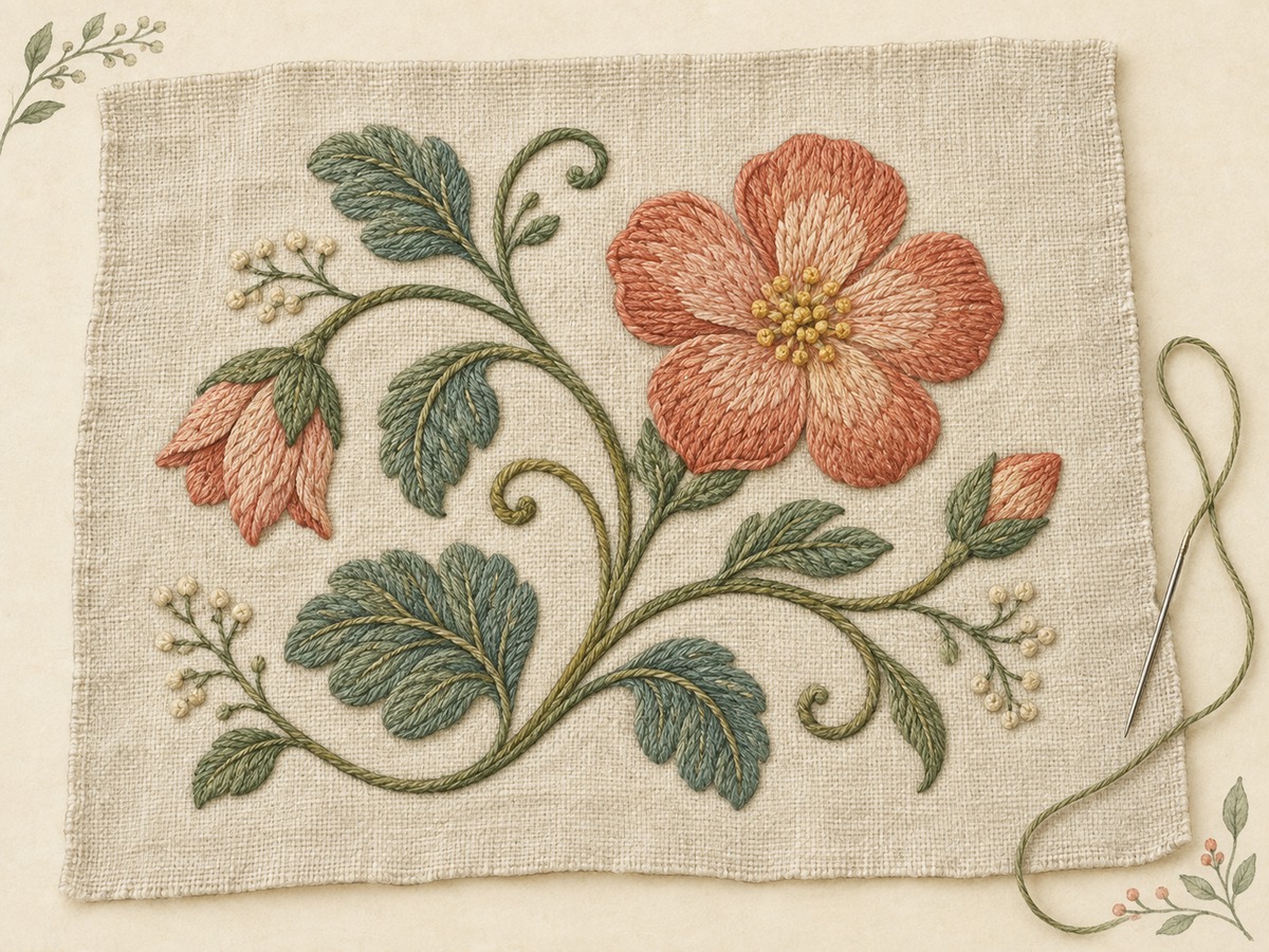 Illustration: A wool crewel botanical study on sturdy linen with a curling stem, rounded leaves and softly textured filled petals.
