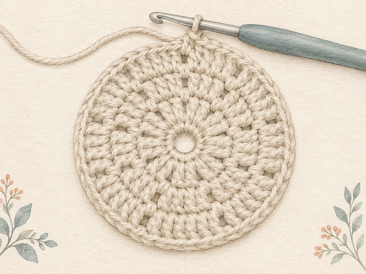 Illustration: Close view of a crochet round started from a small center ring, with evenly spaced increase areas and a smooth flat perimeter.