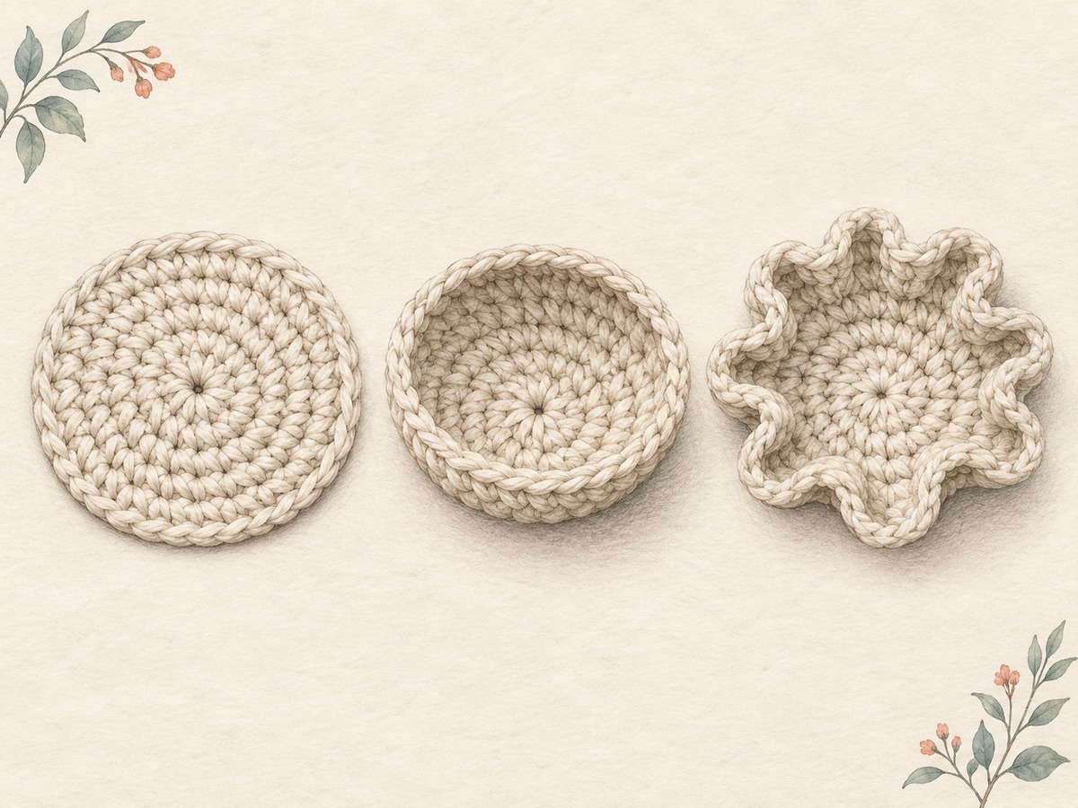 Illustration: Three small crocheted circles: one flat, one visibly cupped and one ruffled, showing the different fabric outcomes.