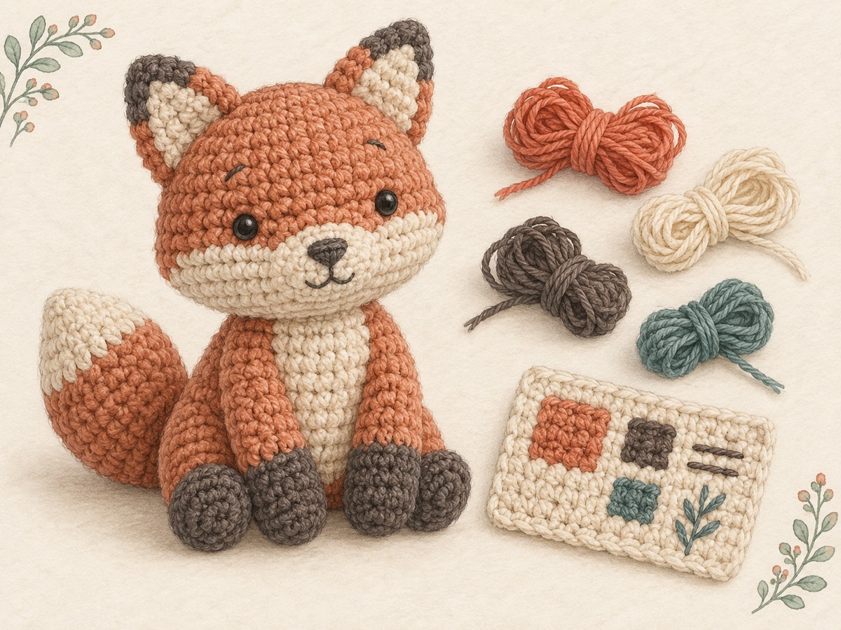 Illustration: A plain crochet animal head and body with small securely sewn embroidered details, beside color-separated yarn remnants and a sample patch.