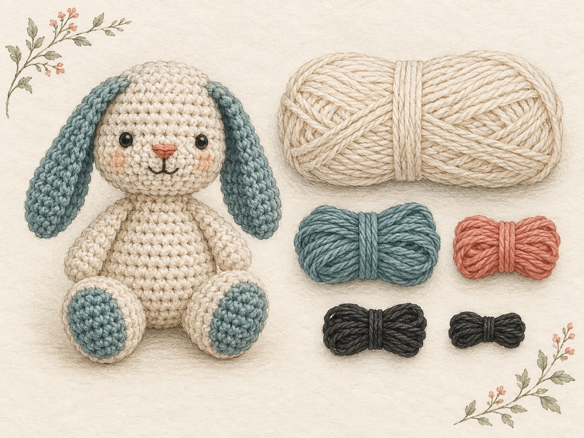Illustration: A small multicolor crocheted figure beside separate measured yarn bundles for its body, contrasting ears and stitched face details.