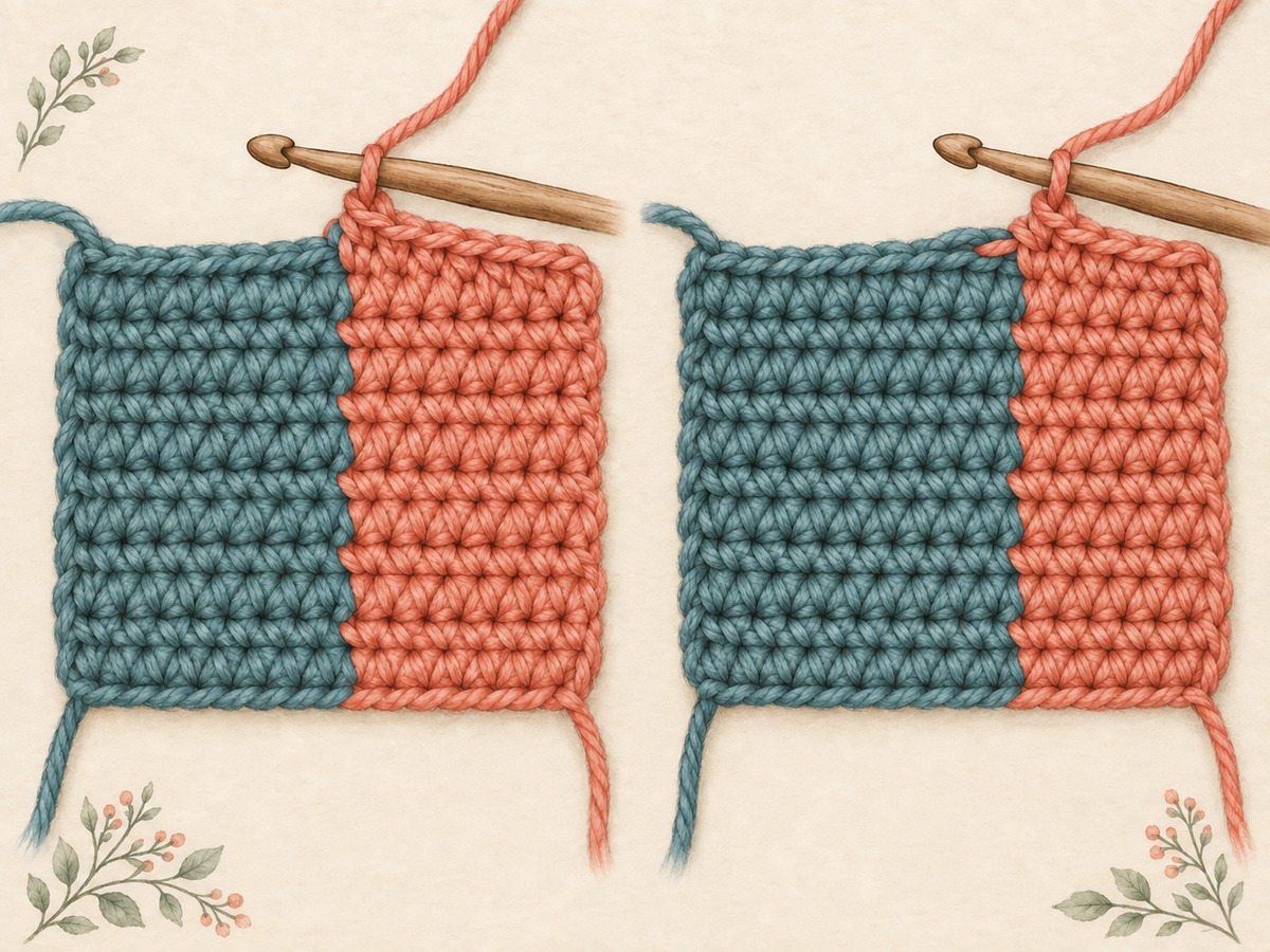 Illustration: Reverse and front views of a crochet color-block join, showing the working yarn changing cleanly and an unused strand carried neatly along one row.
