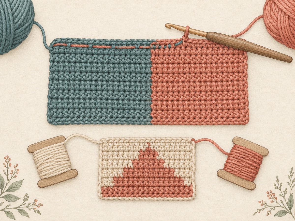 Illustration: A two-color crochet panel with a crisp vertical color boundary, a carried strand inside a row, and separate small bobbins for an intarsia section.
