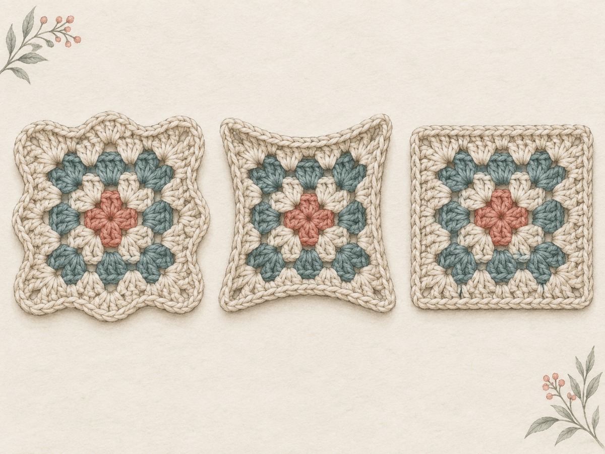 Illustration: Close view of a wavy border beside a pulling border and an even border on three small crochet samples.