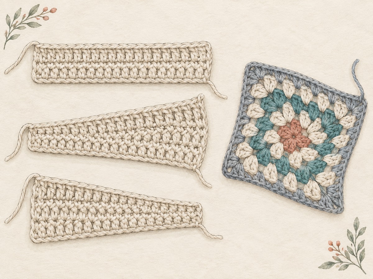 Illustration: Three crochet samples showing a straight edge, a growing edge and a shrinking edge, alongside a gently skewed granny square.