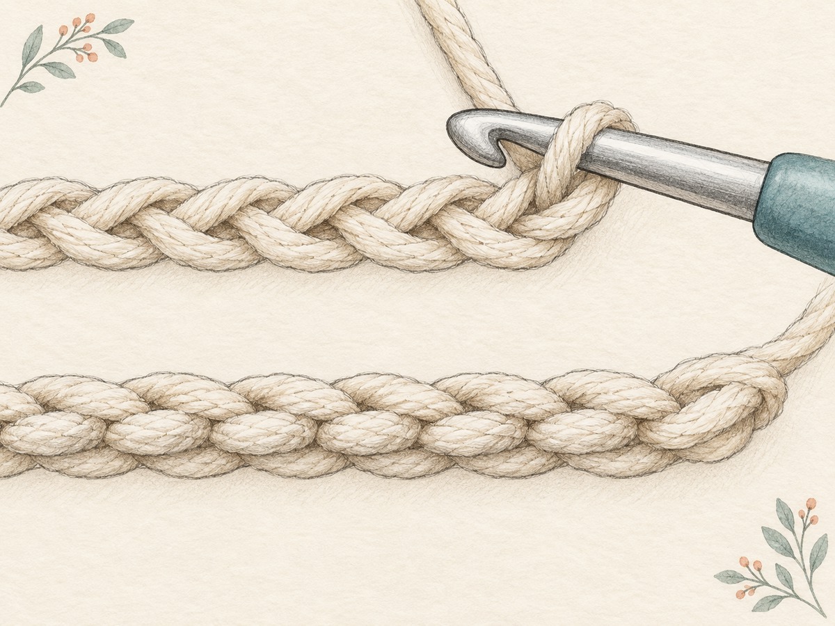 Illustration: Large close views of the V-shaped top and back bumps of a crochet chain, with a hook entering one clearly selected part.