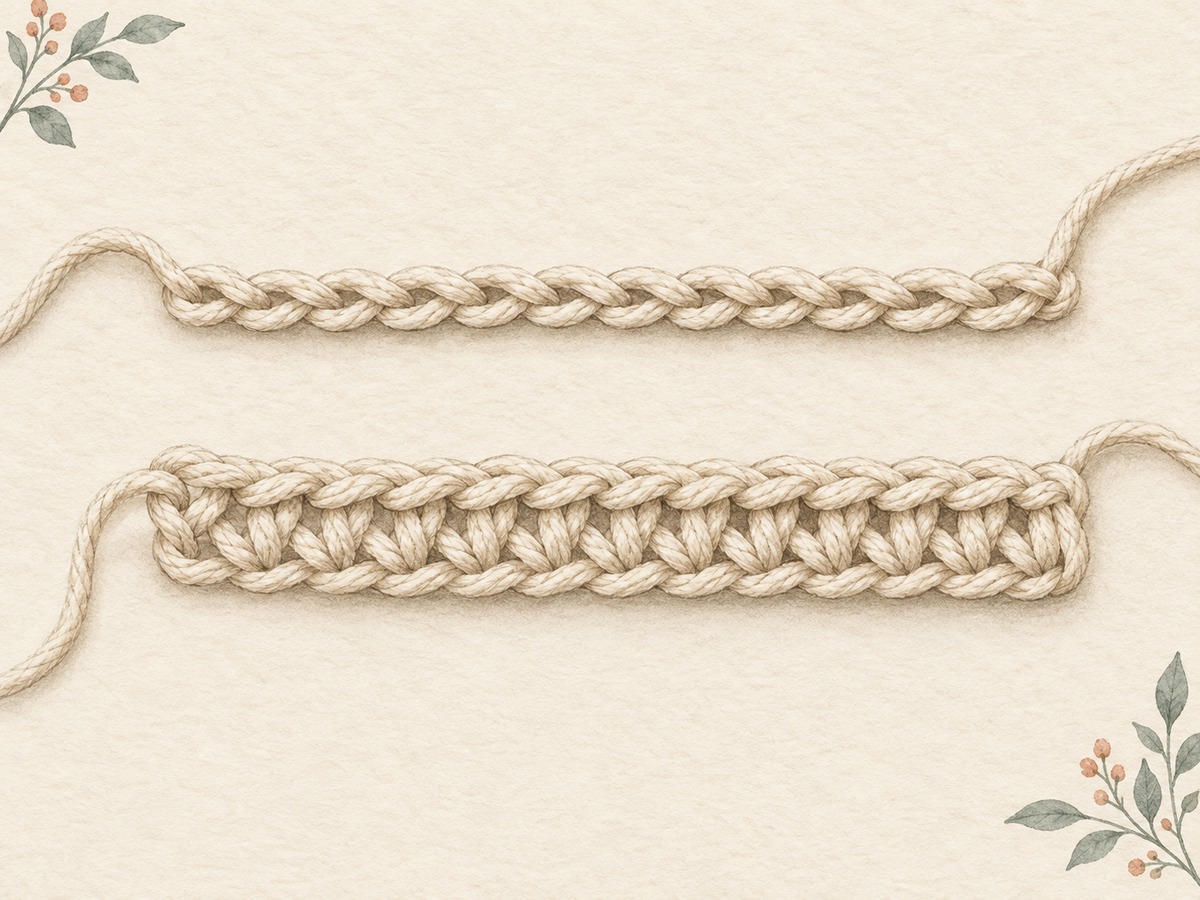 Illustration: A relaxed crochet foundation chain beside a flexible foundation-stitch row, each laid flat without stretching.