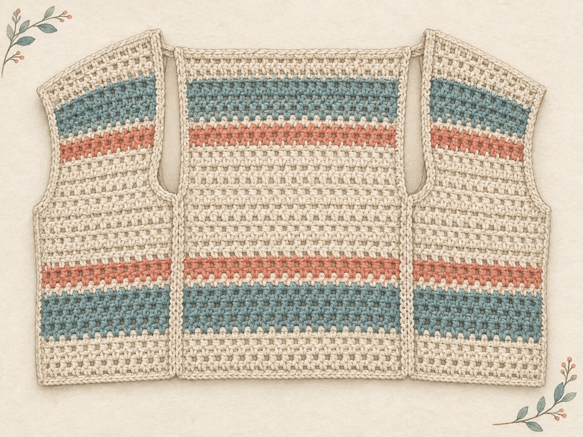 Illustration: Close view of aligned crochet shoulder and side seams with clear armhole openings and matching panel edges.
