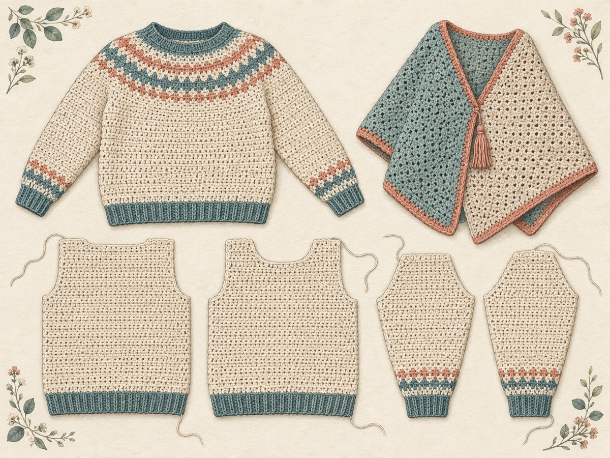 Illustration: A crocheted garment laid flat beside its separate front, back and sleeve panels, with a simple two-panel poncho folded nearby.