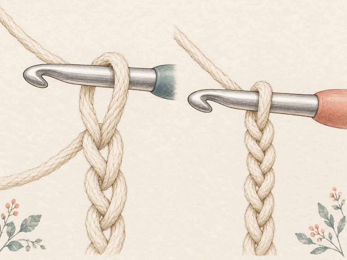 Illustration: Close views of a crochet hook throat, shaft and working loop with a loose and a tight loop on separate samples.