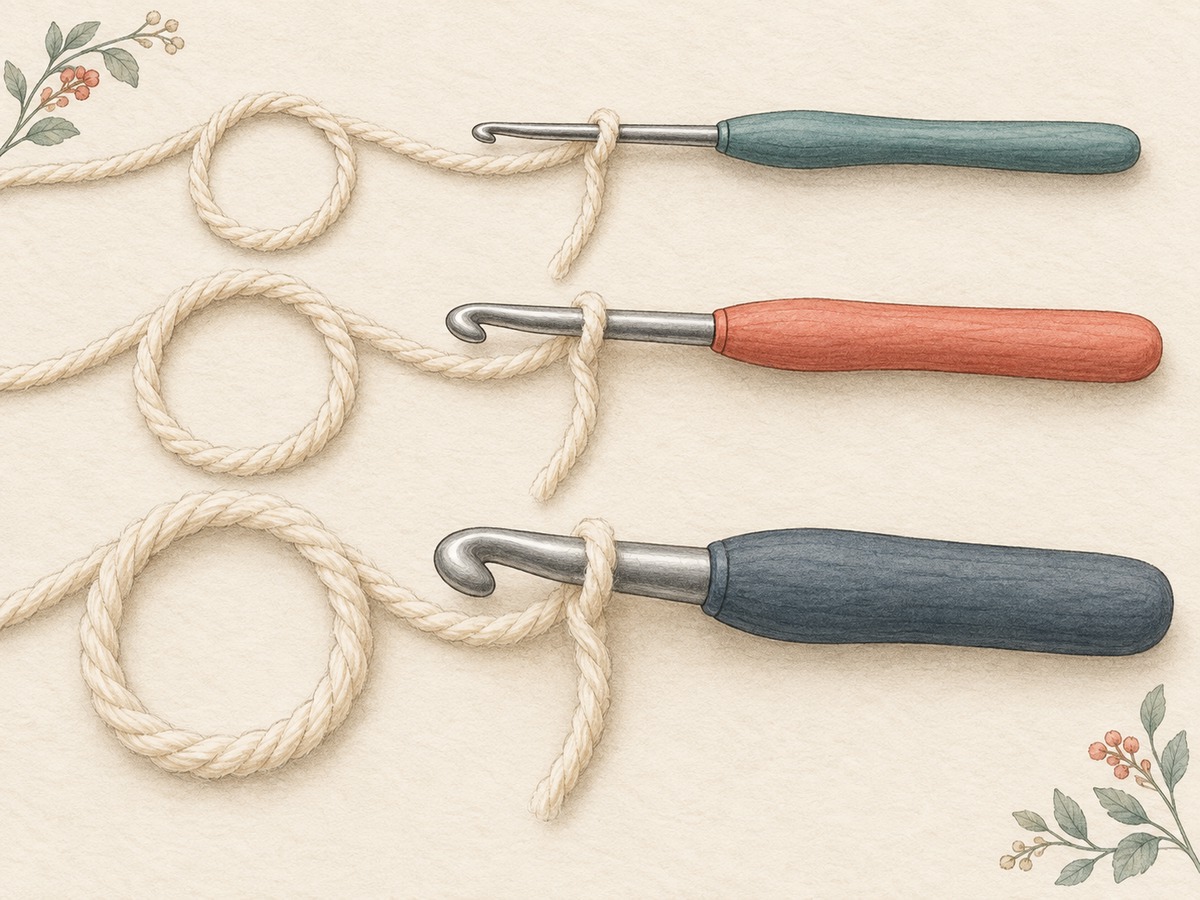 Illustration: Three crochet hooks with different shaft diameters beside appropriately sized loops of cream yarn; one working hook carries a relaxed loop.