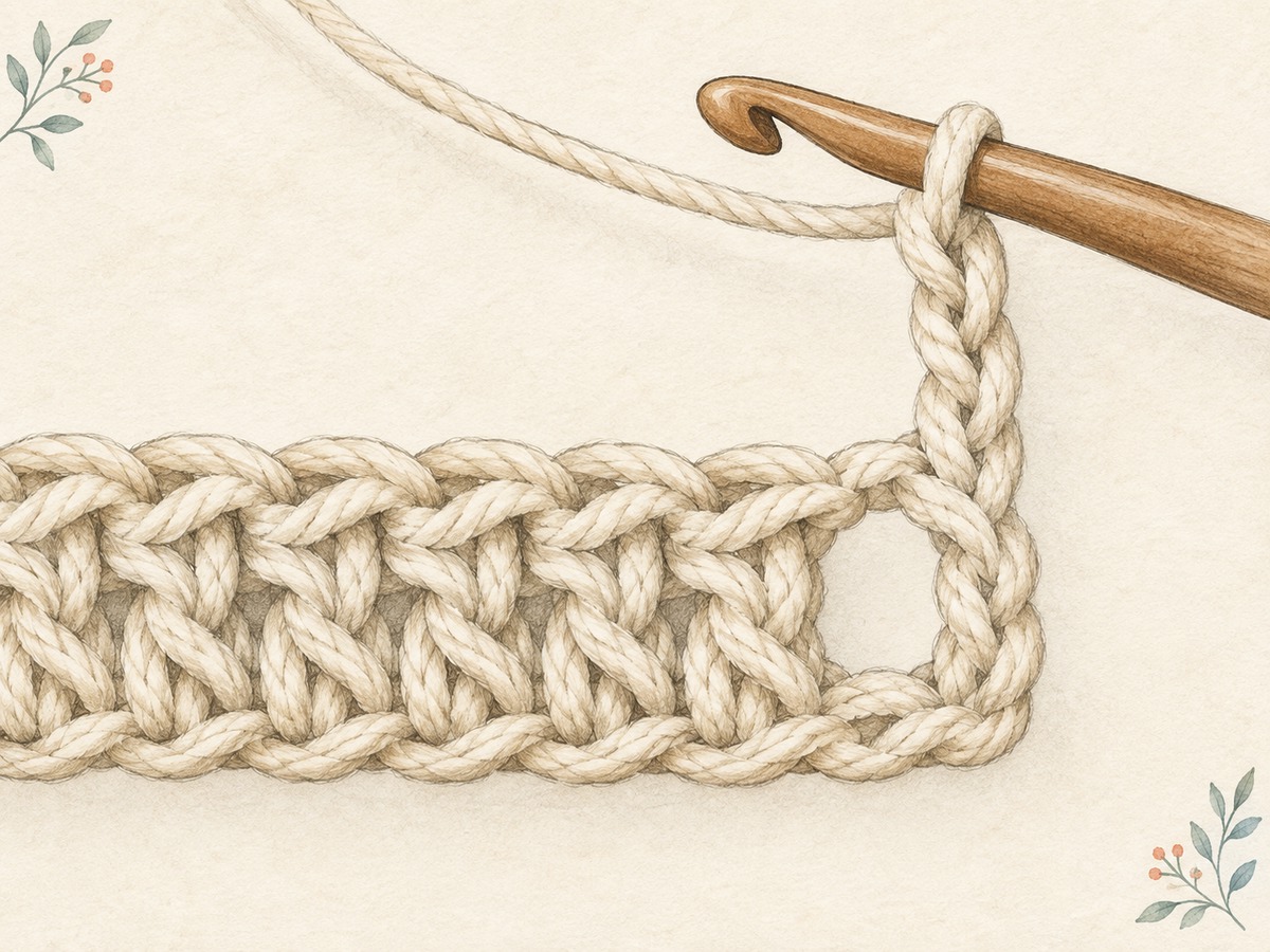 Illustration: Close view of the edge of a crochet row, with a turning chain, the adjacent true stitch and an open chain space visually distinct.