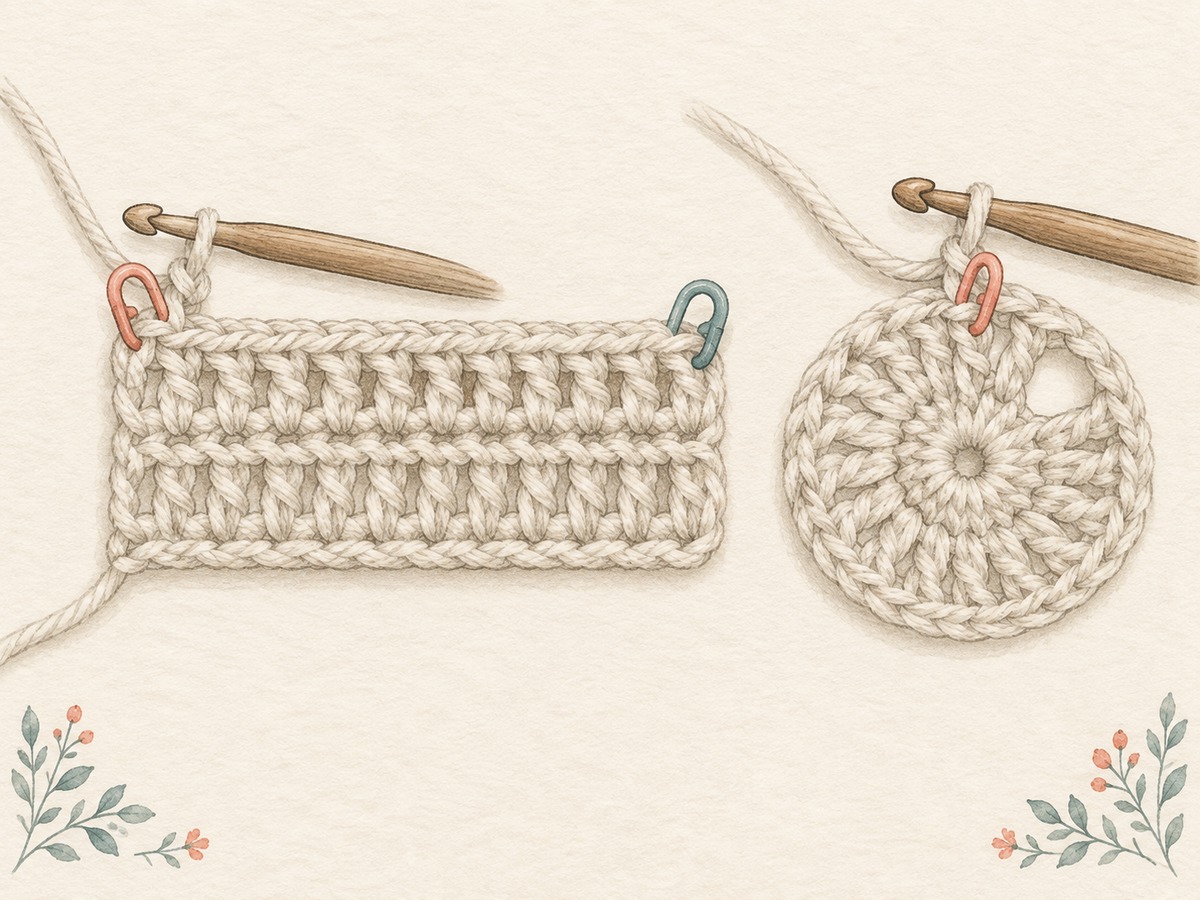 Illustration: A short flat crochet sample with first and last stitches marked, beside a small round with its beginning marked and a clear open chain space.