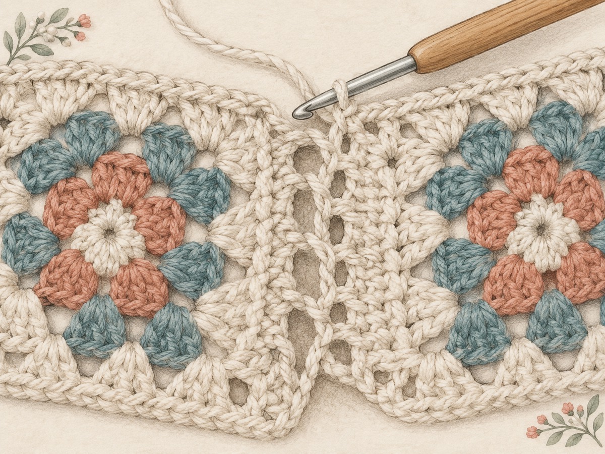 Illustration: Close view of a crochet seam being repaired with compatible yarn, with intact neighboring stitches and the joining route visible.