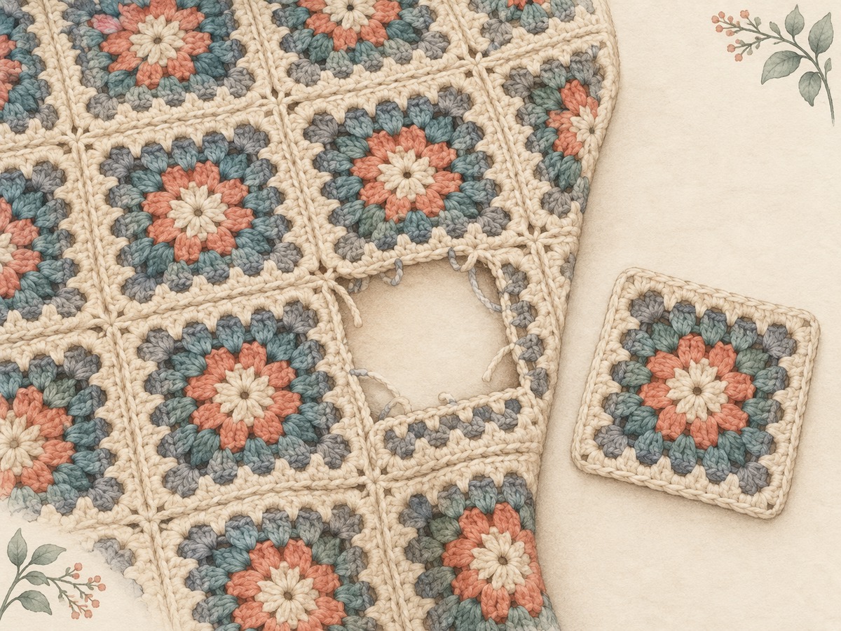 Illustration: A crochet motif blanket with one damaged square removed while its neighbors remain supported, beside a matching replacement motif.
