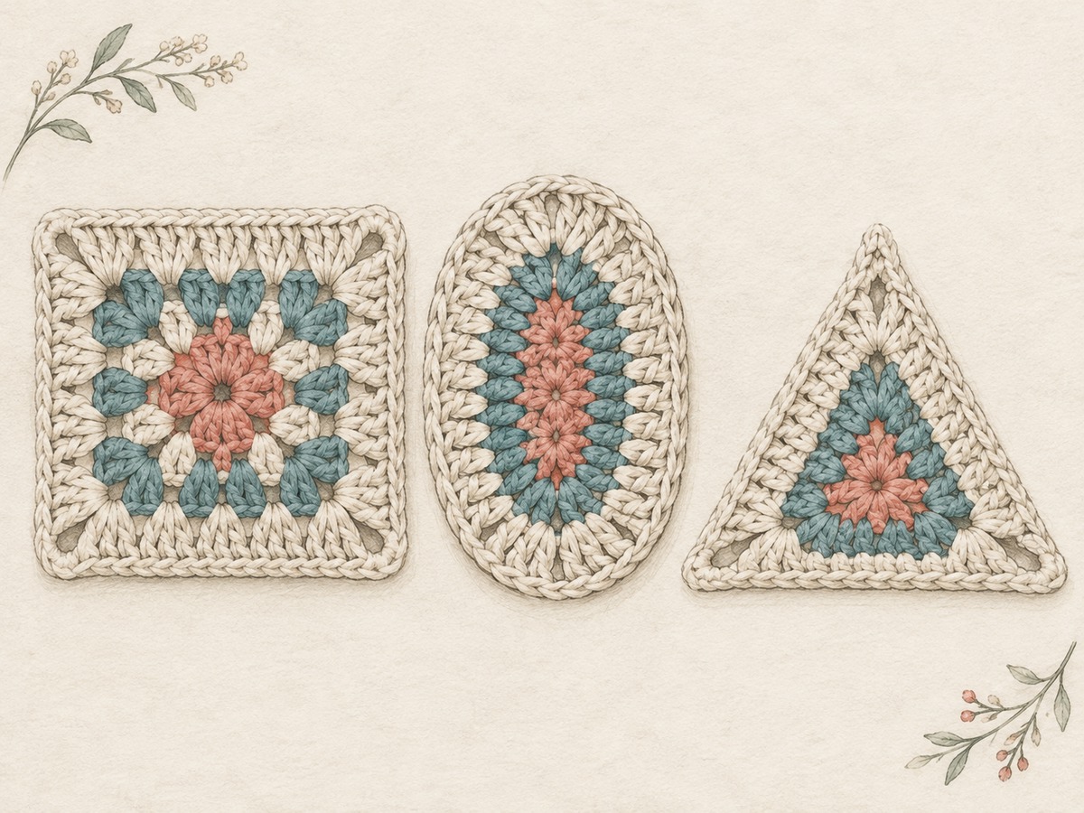 Illustration: A square crochet motif, an oval and a triangle laid side by side, each with shaping visibly concentrated at corners or curved ends.