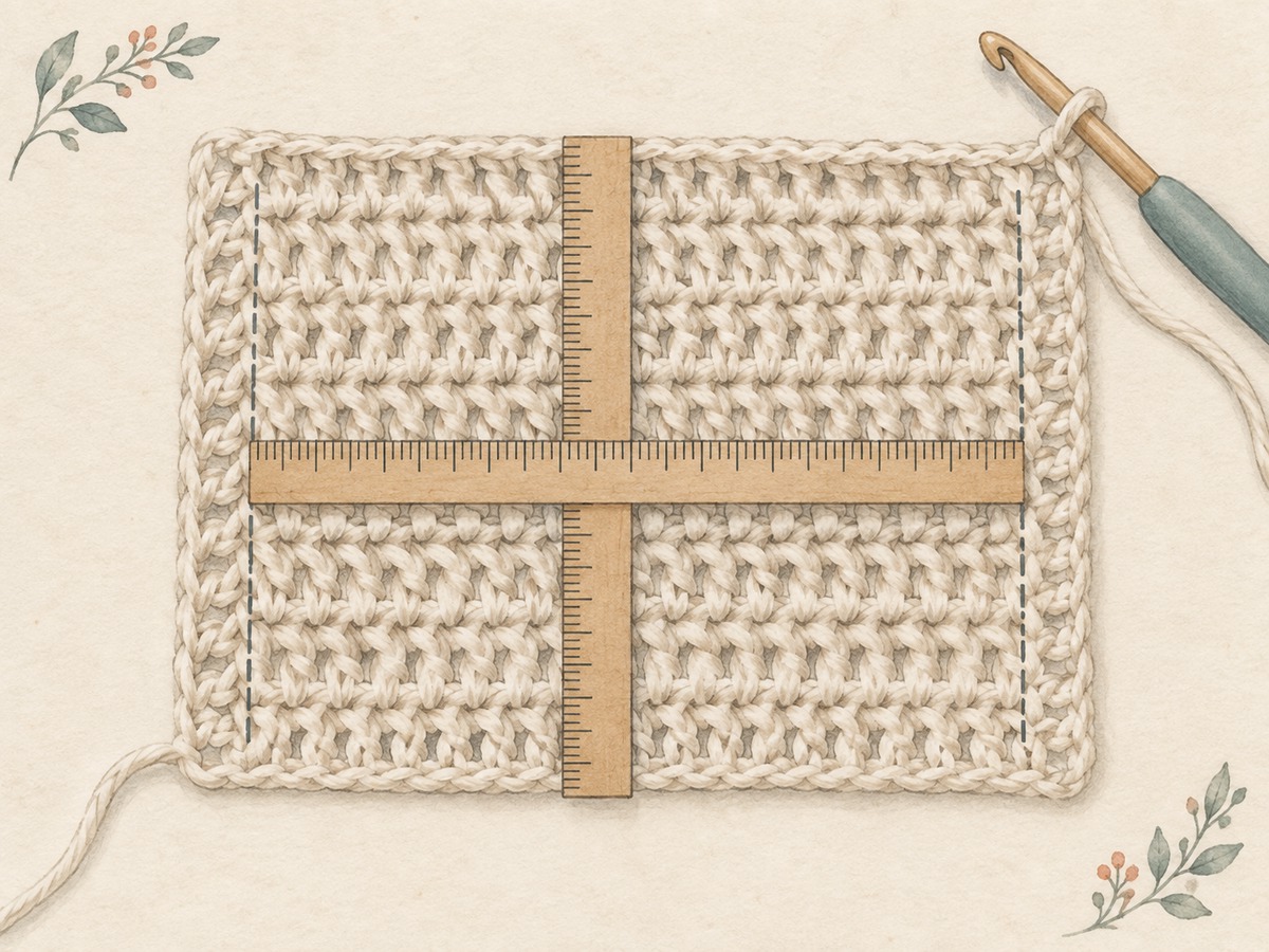 Illustration: A relaxed crochet sample with rulers placed in the central area on perpendicular axes and edge stitches excluded from the measurement.