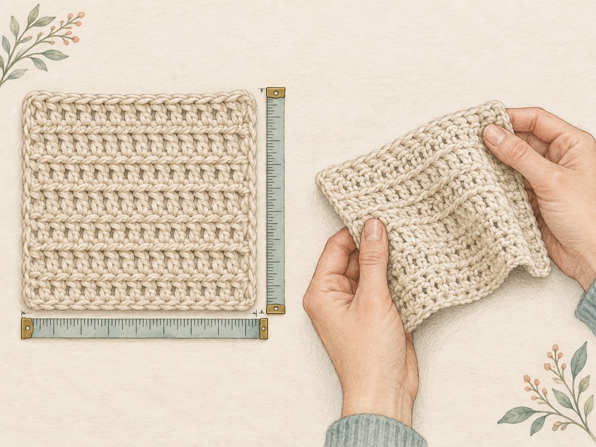 Illustration: A finished crochet swatch measured in both width and height, beside a folded sample showing its drape and stretch.