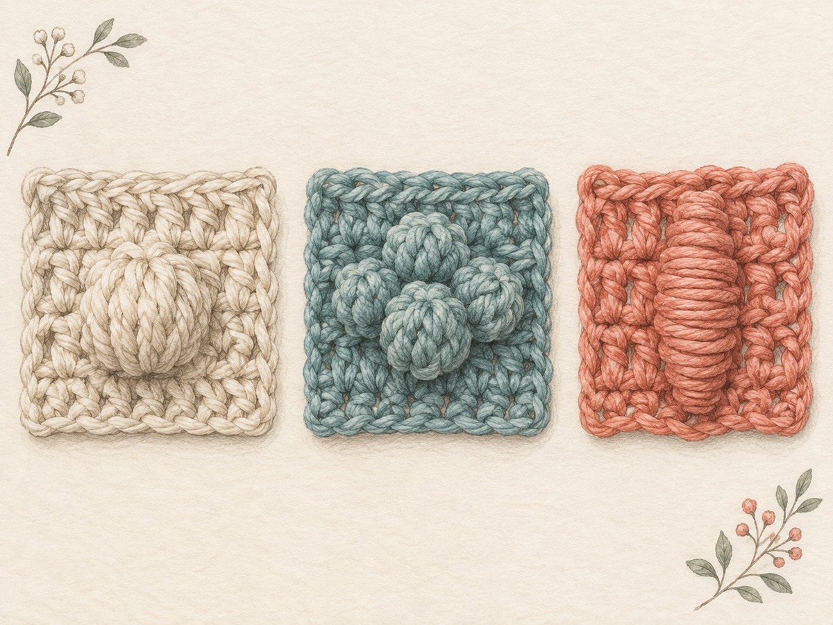 Illustration: Close comparison of a raised crochet bobble, a compact popcorn texture and an elongated bullion-like coiled stitch, each on a separate small sample.