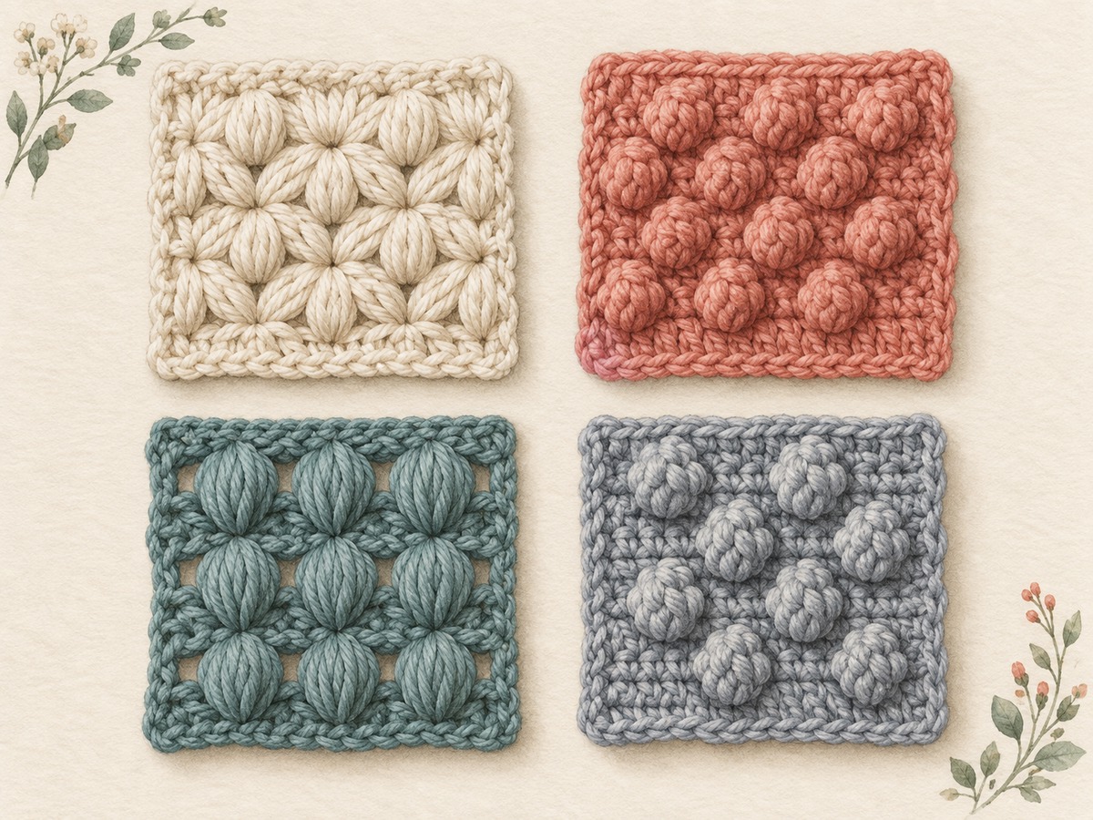 Illustration: Four small crochet texture samples with clustered stitches, soft puffs, prominent bobbles and popcorn-like bumps, shown as distinct surface forms.