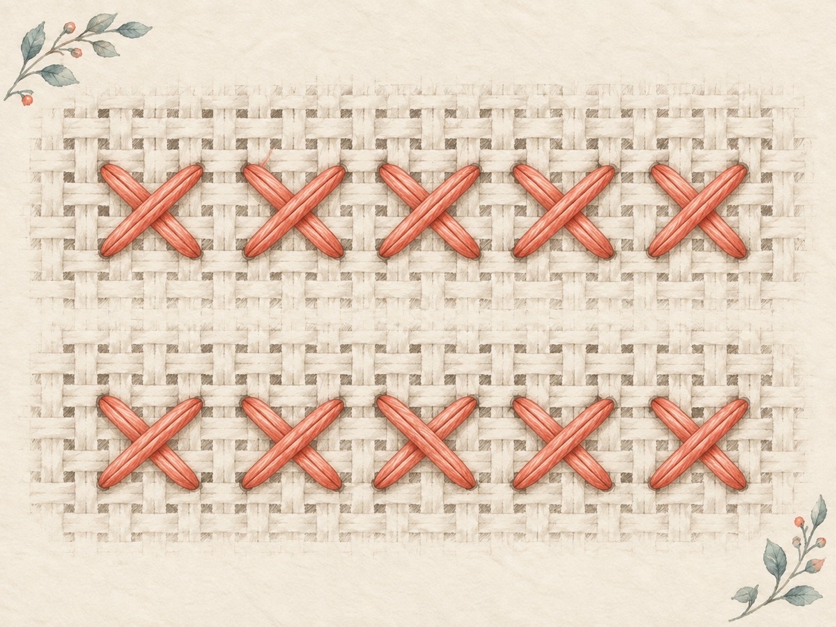 Illustration: Two enlarged rows of cross stitches on evenweave: one consistently layered row and one with a deliberately isolated reversed top leg for comparison.