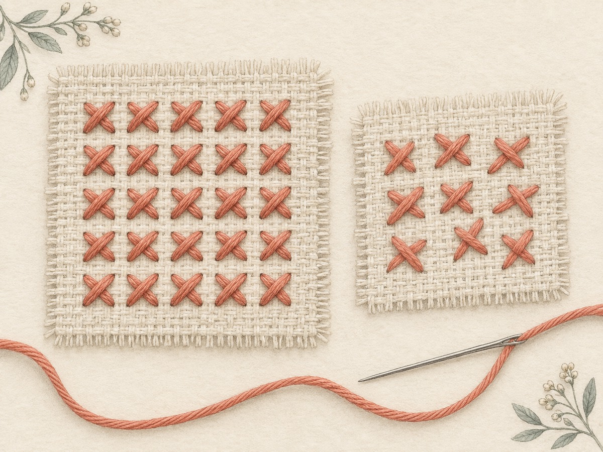 Illustration: A close view of neatly worked cross stitches whose top legs all lean the same way, beside a small inconsistent practice patch.