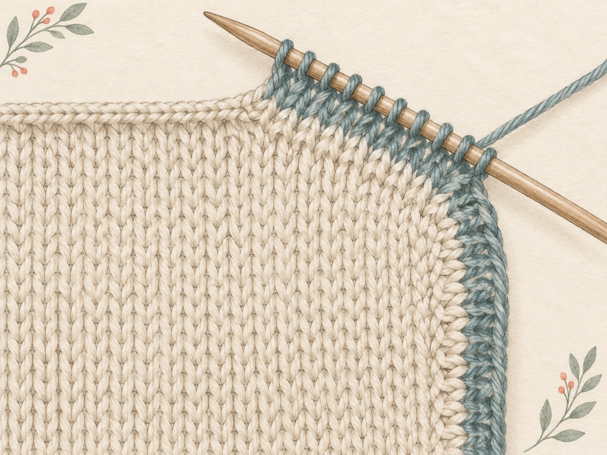 Illustration: Close view of stitches picked up around a rounded knitted corner with even spacing and a smooth untwisted band.