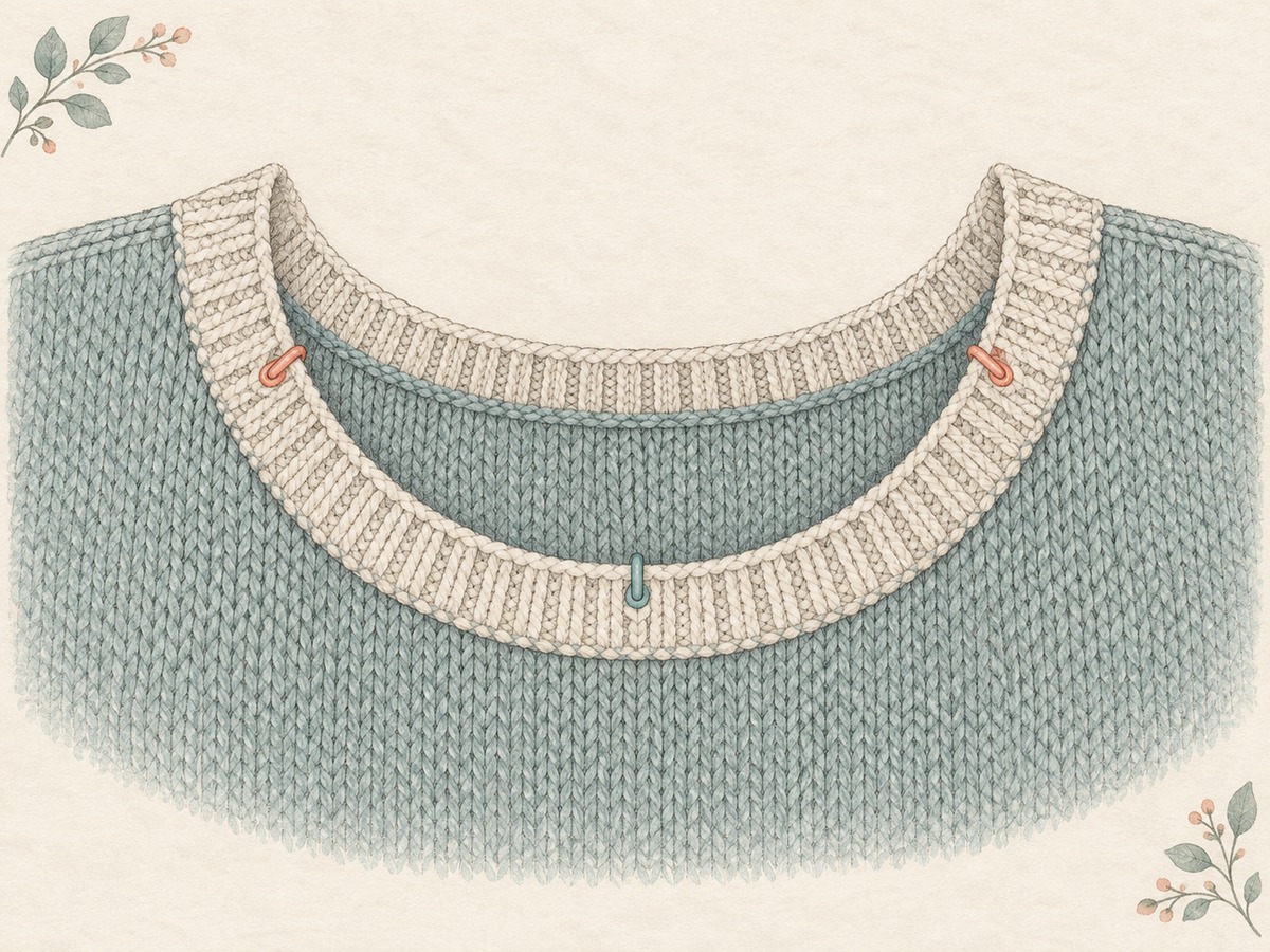 Illustration: A curved knitted neckline with a neat picked-up band and small markers dividing straight, sloping and curved sections.