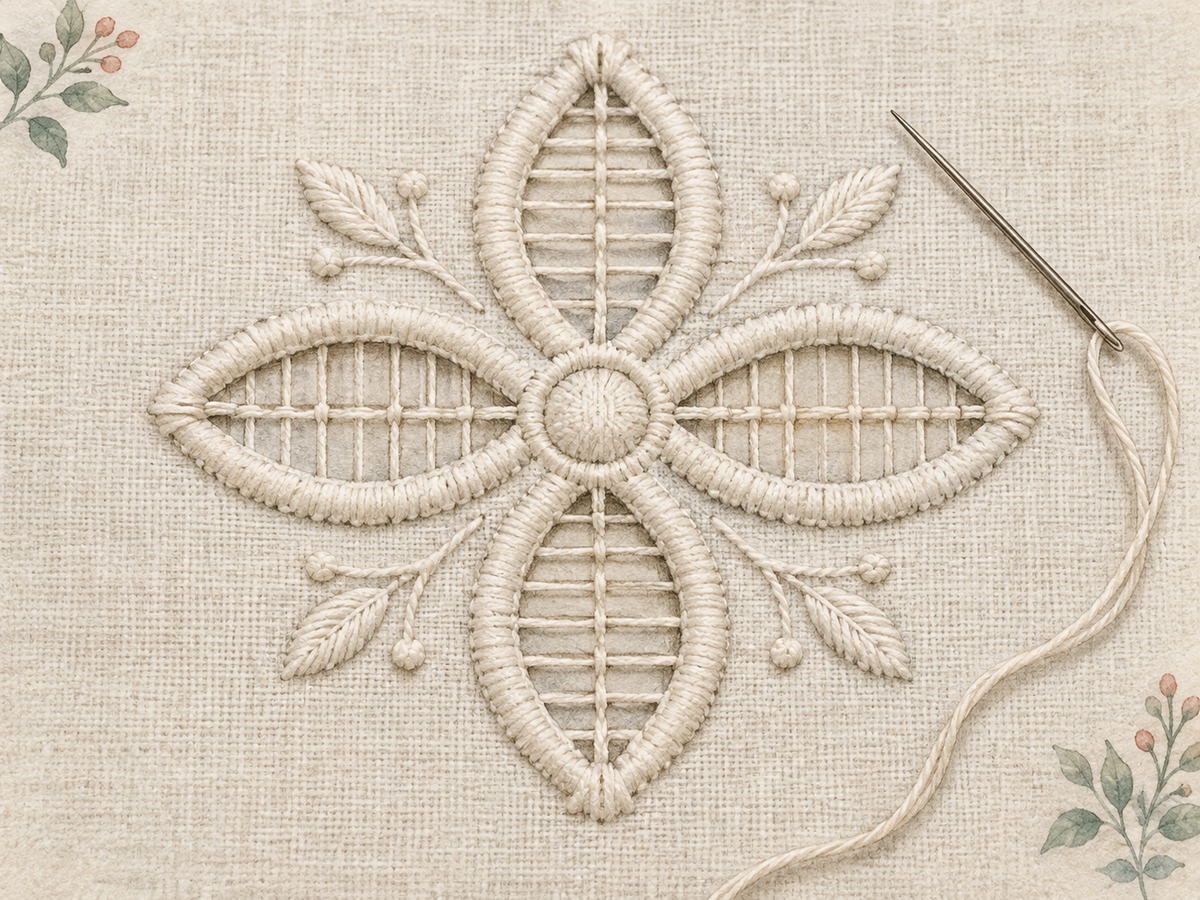 Illustration: Close view of a whitework motif with padded stitched edges and tiny securely bounded cut openings, showing the stitching completed before cutting.