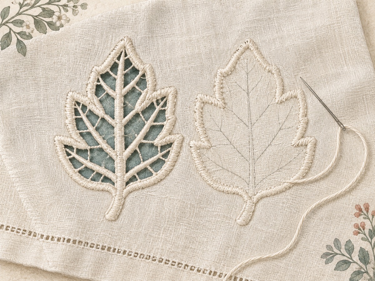Illustration: A white linen cutwork leaf surrounded by dense secure stitching, with one opening completed and another still uncut.