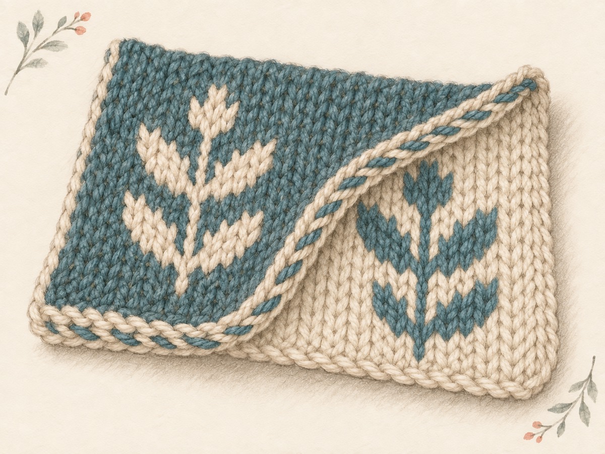 Illustration: Close view of the joined edge of a reversible double-knitted sample, showing two fabric layers and opposite-color faces without loose stranded floats.
